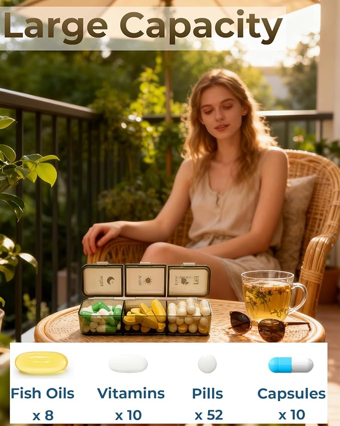 Weekly Pill Organizer 3X a Day, Large 7 Day Pill Box 3 Times, Portable for Travel Pill Case for Pills Vitamin Fish Oil Medication Supplements (Brown)