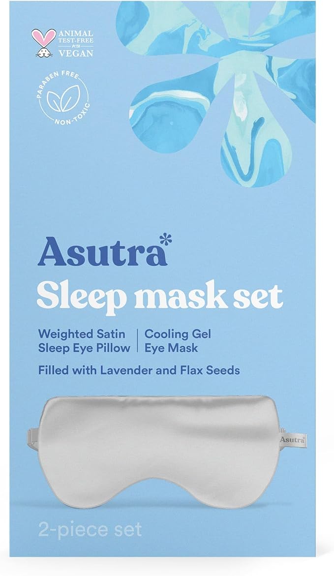 ASUTRA Silk Eye Pillow for Sleep, Silver - Filled w/Lavender Buds & Flax Seeds, Weighted Eye Mask, Meditation & Light Blocking Blindfold, Cooling Gel Mask Included