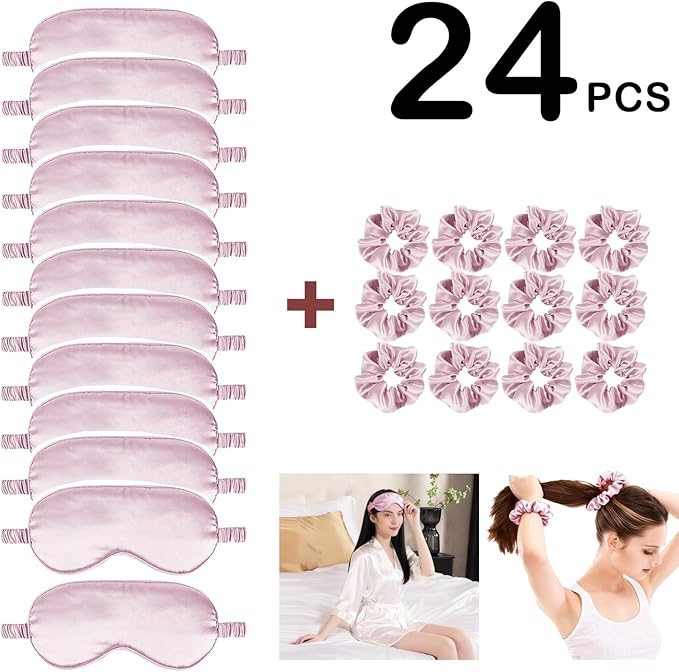 24Pcs Satin Eye Mask Silk Sleep Masks Silky Eyes Cover Blackout Blindfold Eyeshade Scrunchies Hair Ties Travel Wedding Gift