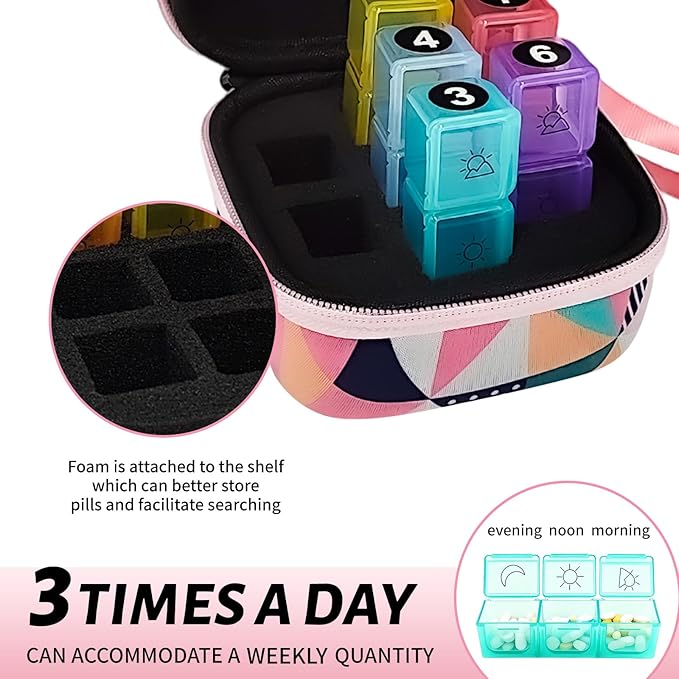 Weekly Pill Organizer, 7-Day Medicine Box with Hard Shell Case, 3 Times Daily Dosage Schedule, Plastic Rectangular Design, Includes Pill Cutter and Weekly Stickers,Multicolor