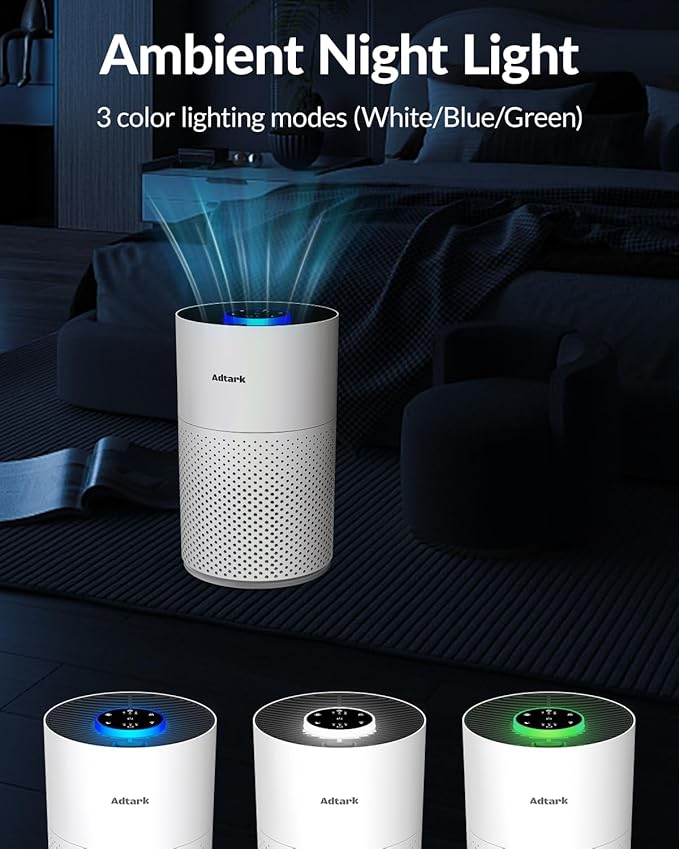 Air Purifiers for Home Bedroom, ADTARK Air Cleaner with 3-in-1 Filter, Sleep Mode & Aroma Function, 3 Light Modes, Room Air Purifier with 3 Timer for Office, Dorm, Hotel (White)