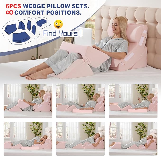 6PCS Multi-Functional Bed Wedge Pillow Kit - 7-in-1 Orthopedic Support for Back/Neck/Legs, Post Surgery Recovery & Sitting Up in Bed, Post Surgery Foam for Body, Pink