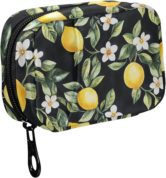 Fustylead Watercolor Lemon and Flower on Black Background Pill Organizer Case with Zipper 2 Times A Day for Vitamin and Supplement, 7 Day Travel Organizer Medicine Case