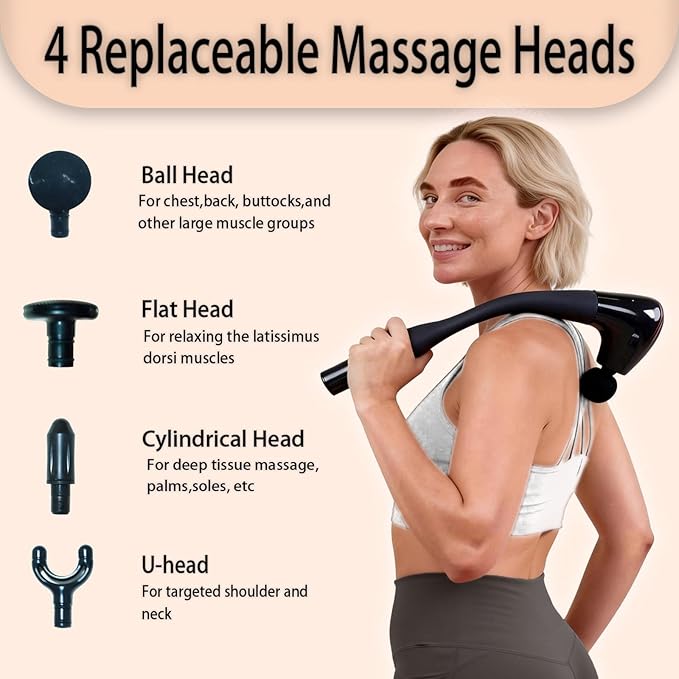 2-in-1 Massage Gun Deep Tissue with 20'' Extension Handle & Stretching Strap, Neck Massager for Pain Relief, Handheld Percussion Massager for Back, Shoulder, Leg, Waist