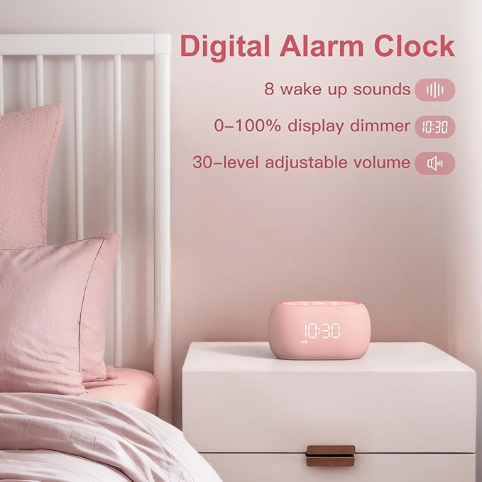 ANJANK White Noise Sound Machine Alarm Clock with Bluetooth Speaker, Hi-Fi Stereo Sound, 21 Soothing Sounds/7 Night Lights, 0-100% Dimmer/Sleep Timer, Soother for Teens Kids Girls, Bedroom, Pink