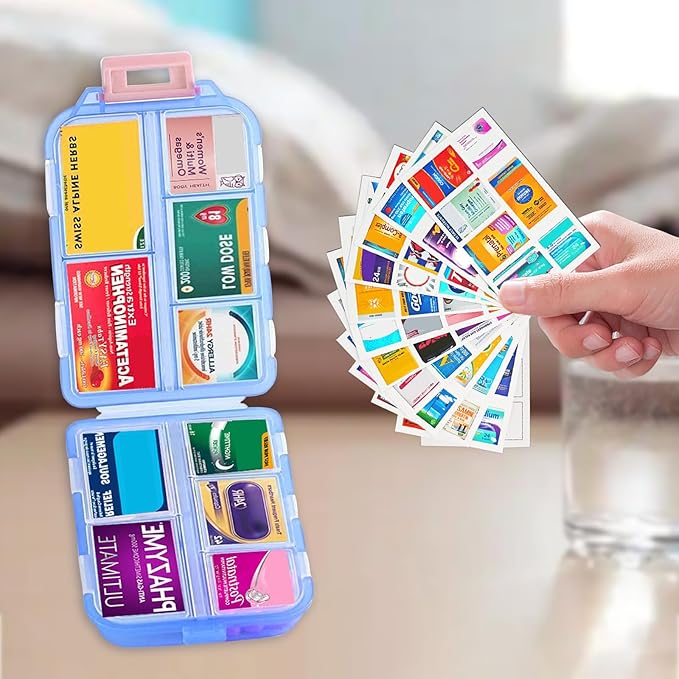 4PCS 7-Day Pill Organizer with Labels – Compact Daily Medication Case | Travel-Sized (3.7" x 2.4") Secure Lock | AM/PM Compartments | Includes 300+ Common Medicines Vitamins Health Product Sticker