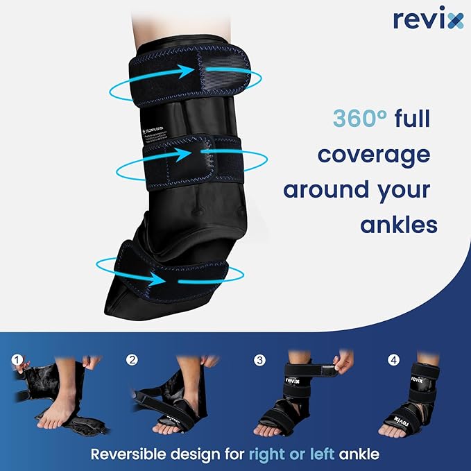 REVIX Ice Packs for Ankle Injuries Reusable, Ankle Ice Wrap with Cold Compression for Feet Pain Relief, Plantar Fasciitis and Achilles Tendonitis, Soft Plush Lining, 2 Packs, Black