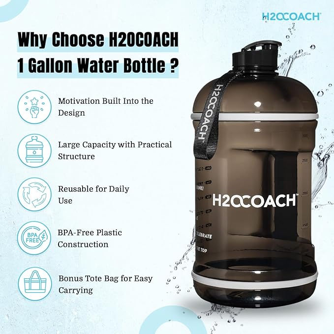 H2OCOACH 1 Gallon Hydration Jug with Time Marker & Measurements, BPA-Free Tritan Sports Drink Container, Motivational Daily Intake Tracker for Gym, Workout, & Fitness Routines (128 oz, Black)