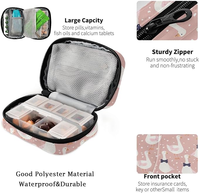 Fustylead Geese with Bow Tie and Dots on Pink Background Travel Pill Organizer Bag with Zipper Small Pill Box 7 Day Pill Case for Purse Storage Weekly Vitamin Medicine Supplement