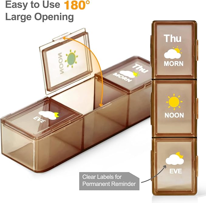 Pill Organizer 3 Times a Day, Daily Pill Box with Morning Noon Night Compartments, Portable Medicine Organizer for Travel, Work & Home (Brown)