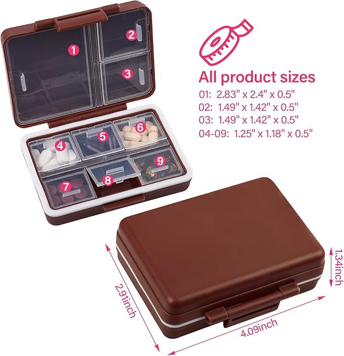 9-Grid Pill Organizer,Portable Pill Box,Large Capacity Compartments,Travel Pill Container,Medicine Dispenser,Pill Purse,Pill Case for Vitamins, Fish Oils or Supplements(Brown