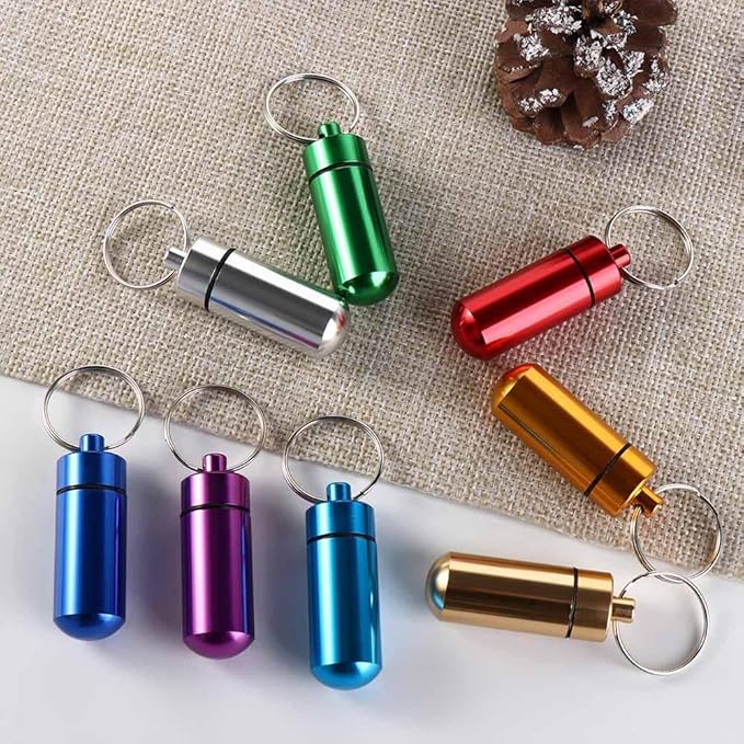 8 Pcs Aluminum Alloy Pill Box Case with Keychain, Mini Travel Pill Organizer Pocket Medicine Jar Waterproof Pill Bottle Container for Outdoor Camping