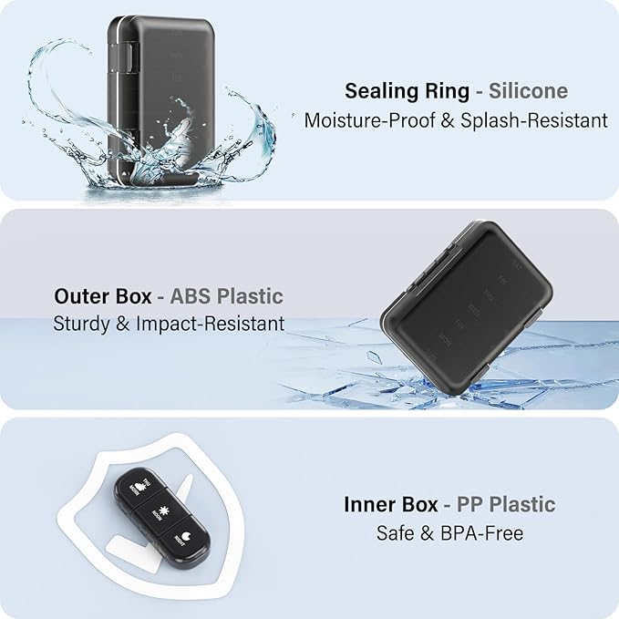 Weekly Pill Organizer 3 Times a Day, 7 Day Portable Pill Box for Pills, Vitamins, Fish Oil, Medication, Supplements (3x7 Black)