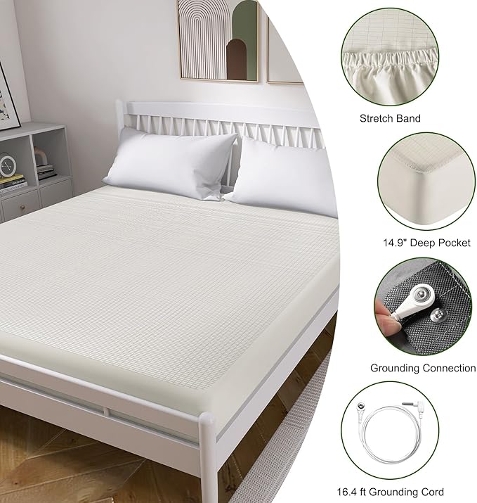 Grounding Sheets King Size,Earth Grounded Fitted Bed Sheet 10% Pure Silver Fiber + 90% Organic Cotton, Bed Grounding Kit with grounding Cord for Improved Sleep & Wellness(Beige,King - 80"x78"x15")