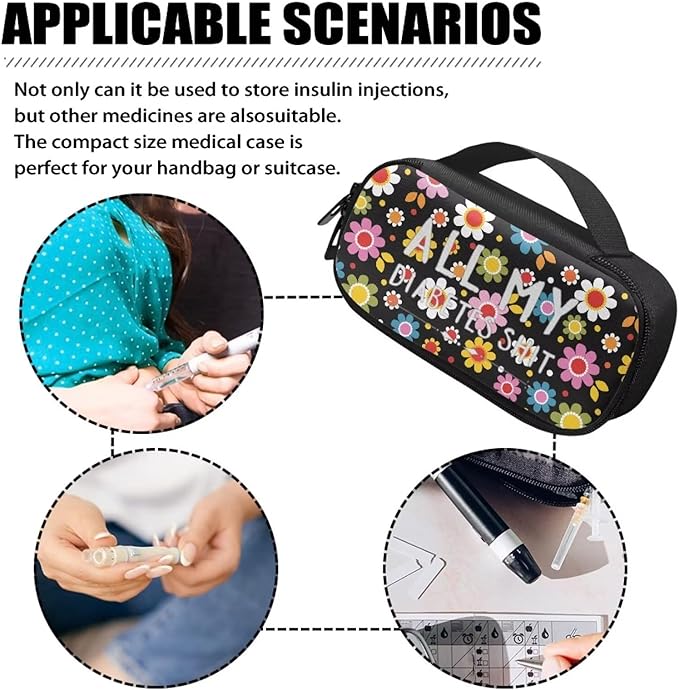 Rnyleeg Insulin Travel Case - Cartoon Flower Diabetic Bags for Women - Reusable Bag for Diabetes Travel with Insulin Pens