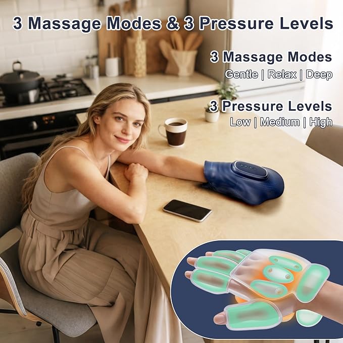 Portable Hand and Wrist Massager with Heat and Compression, 3 Modes, 3 Intensities and 3 Temps (100°F–116°F), for Palm & Fingers, Rechargeable, Home, Office, Travel (Blue)
