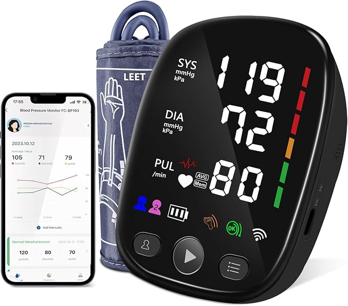 Bluetooth Automatic Blood Pressure Monitor for Home Use - with Adjustable Upper Arm Large Cuff (8.7"-17.3"), App Tracking, LED Display 2 Users 240 Sets Memory, Hypertension Detector