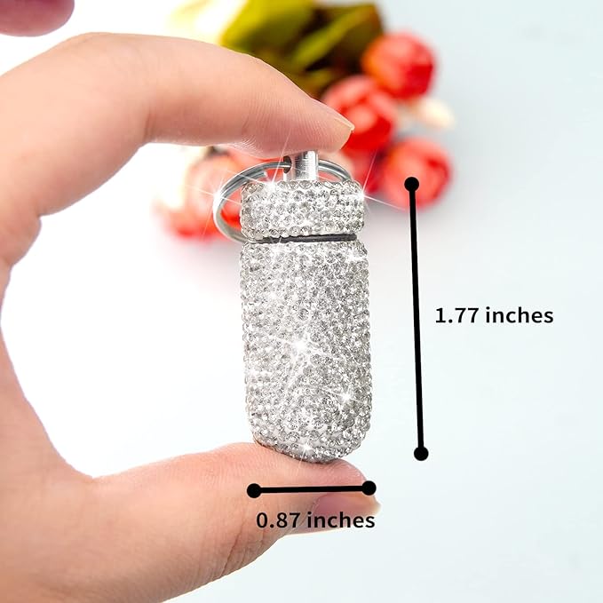 Yuchew Bling Pill Case Pill Container Rhinestone Pill Box Portable Waterproof Pocket Pill Holder Storage Bottle with Keychain for Travel, Outdoor, Camping (Silver)