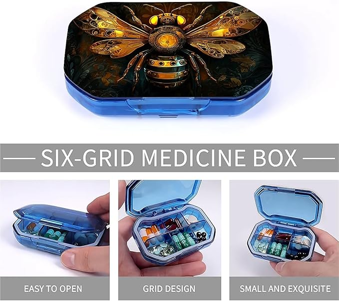 This Portable Mechanical Bee Pattern 6 Compartment Pill Box Can Be Placed in A Pocket Or Wallet to Store Vitamins, Medicines Health Supplements Other Medications.