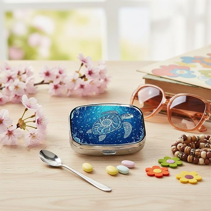 Square Pill Case Small Pill Box with Mirror Pocket 2 Compartment Vitamin Pill Medicine Case Organizer Pill Containers for Traveling Wave Sea Turtle
