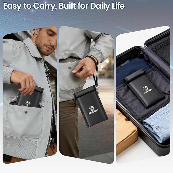 Faraday Bags for Phones & Car Keys – Anti Theft Signal Blocker [5G/WiFi/Bluetooth/GPS], Prevents Keyless Entry Hacking & Tracking, RFID Protection, Fireproof Waterproof Pouch with Detachable Strap