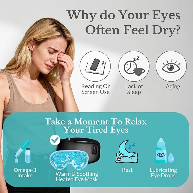 Cordless Heated Eye Mask, Silk Warm Eye Compress for Dry Eyes, Eye Relief, Improved Sleep, Washable Eye Heating Pad for Travel, 5 Temp & 6 Timers, 2-in-1 Heated & Cooling Gel Mask(2 Pack