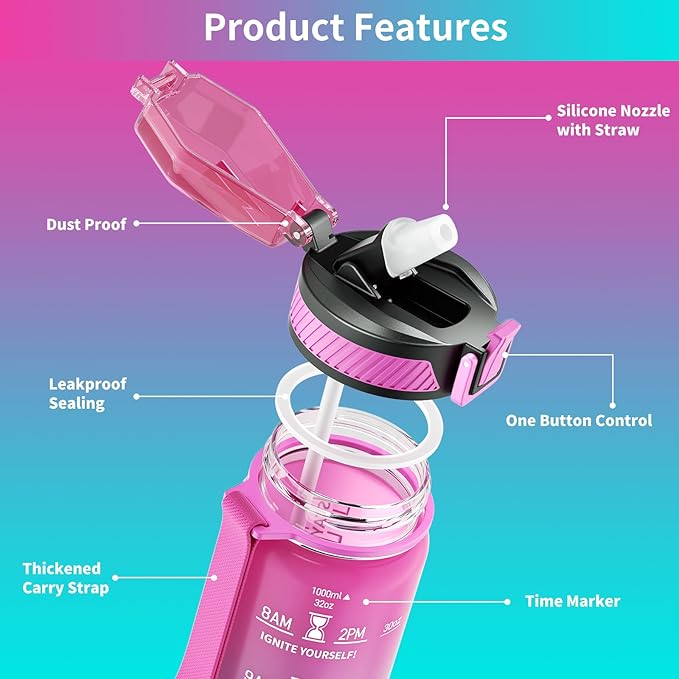 Water Bottle with Straw, 32oz Motivational Water Bottles with Time Marker to Drink, Tritan BPA Free, 1L Sports Water Bottle with Carry Strap LeakProof for Women Gym Fitness Outdoor (1 Pack)