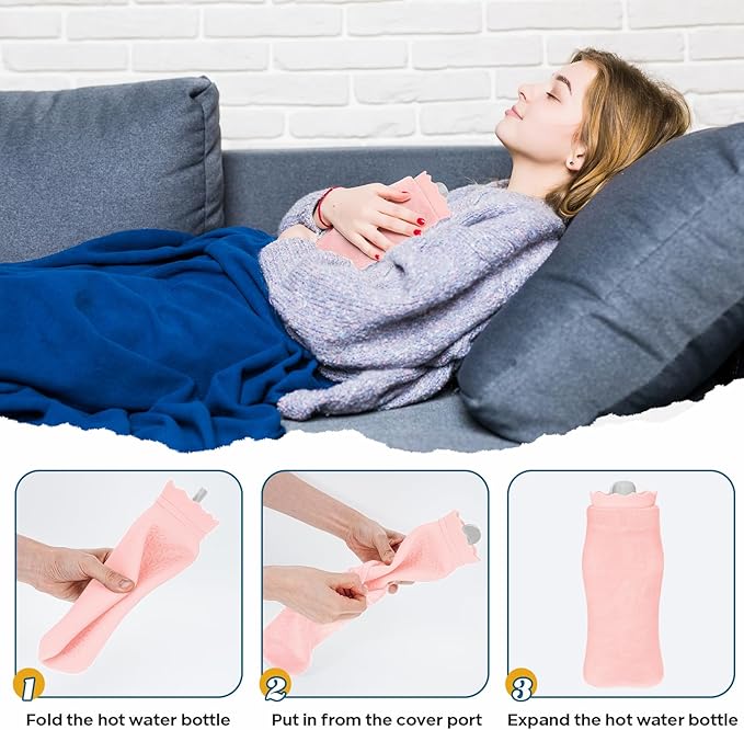 Silicone Hot Water Bottle with Cover - 650ml Hot Water Bag for Hot & Cold Therapies, Microwaveable Leakproof Hot Water Bottle for Keeping Hand Feet Warm - Gift for Kids Adults Elderly in Winter(Pink)