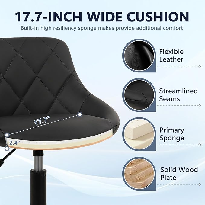 Low Back Small Rolling Stool with Backrest - 360° Swivel Chairs with Wheels, Adjustable Height Armless Vanity Chair, Thickened Seat Cushion Stool Chairs for Spa, Shop, Salon, Massage, Black, 4 Pack