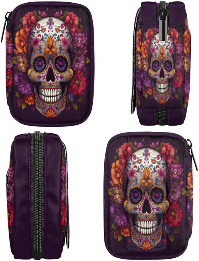 Flower Skull Mexican Gothin Pill Box Small Pill Travel Organizer 7 Day Weekly Medicine Pill Case Cute Compact Size Vitamin Container Pill Bottle Portable Pill Holder Bag with Zipper