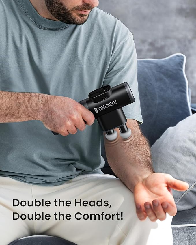 RENPHO Duo Mini Massage Gun with Double Heads, Deep Tissue Back Massager, 3 Modes with Seamless Speed Handheld Neck Massage Gun for Travel