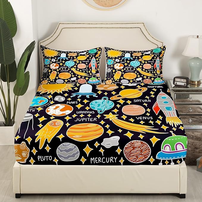 Outer Space Solar System Bed Sheet Set Full - Fitted Sheet for Kids, Planet Bedding for Boys Girls, Educational Bed Cover 3Pcs (No Flat Sheet)