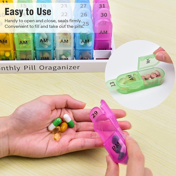 Monthly Pill Organizer 2 Times A Day, Greencycle 30 Day Medicine Organizer, AM PM Pill Cases, 4 Week Pill Box, Small Compartments to Hold Vitamins Fish Oil Supplements Great for Travel