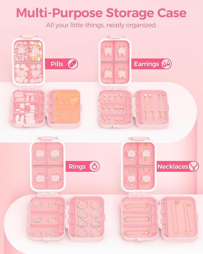 Compact 3-Layer Travel Pill Organizer, Cute Pill Box Case with Pull-Tab Design for Easy Opening, Medication Organizer with 8 Compartments for Supplements, Vitamins, Fish Oils, 30 Labels