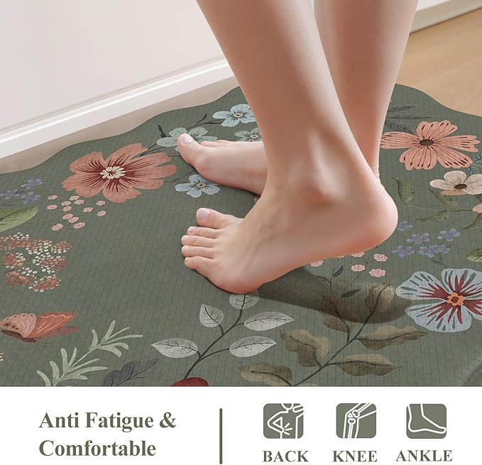 Collive Anti Fatigue Kitchen Mats, Scalloped Green Floral Kitchen Rugs Set of 2 Non Slip Waterproof Standing Mat, Memory Foam Comfort Desk Rug for Office, Sink, Laundry, 17.3"x29"+17.3"x47"