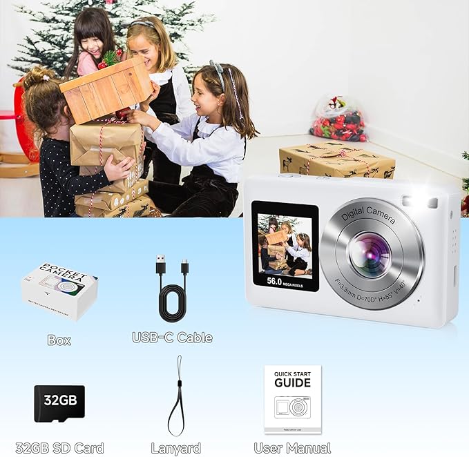 Digital Camera, 56MP 2.7K Dual-Screen Selfie Camera with 16X Zoom, 20 Filters & Anti-Shake, Portable Point and Shoot Digital Cameras with 32GB Card, Compact Travel Cameras for Beginners Teens Kids