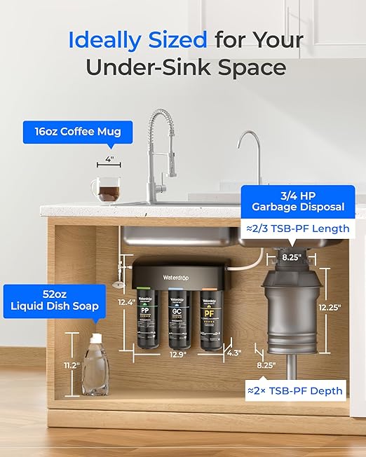 Waterdrop TSB-10-PF Under Sink Water Filter, 𝐑𝐞𝐝𝐮𝐜𝐞𝐬 𝟖𝟎+ 𝐈𝐦𝐩𝐮𝐫𝐢𝐭𝐢𝐞𝐬-PFAS, Chlorine, Chloramine, Fluoride, Taste&Odor, 9 Layer Under Sink Water Filtration System,with A Extra Faucet