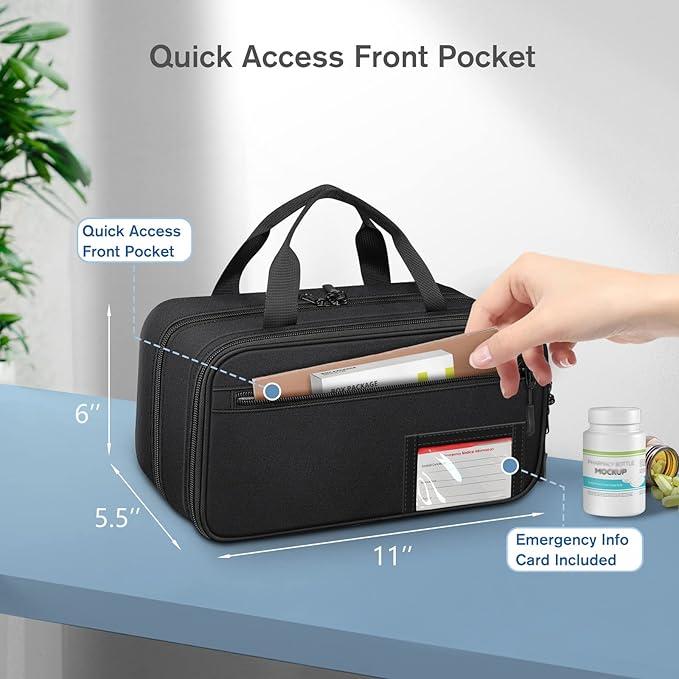 SITHON Pill Bottle Organizer Medicine Storage Bag Medication Travel Carrying Case Manager with Handle, Detachable Pockets Modular for Medications, Vitamins, Medical Supplies (Black)