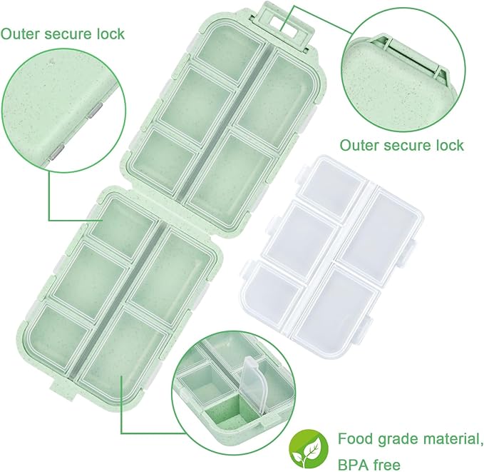 Large Travel Pill Organizer with Medicine Labels, 10 Compartments Travel Medicine Organizer Daily Pill Container Travel Pill Box Purse Pill Case (Green, 189 Lables)