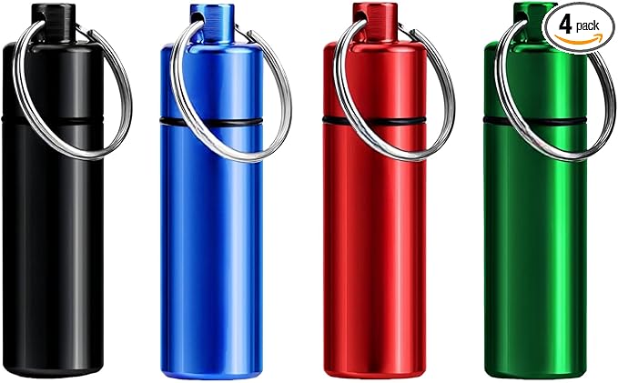 Small Portable Pill Box Keychain Mountaineering Buckle Metal Mini Pill Organizer Case Container for Purse Waterproof Metal Pill Holder Medicine Bottle for Outdoor Camping Travel (4 Pack)