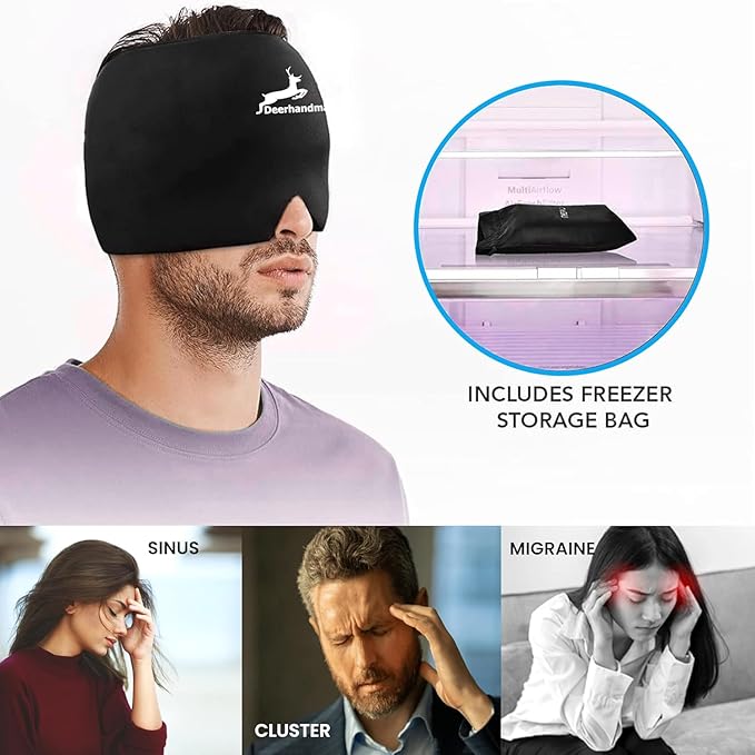 Migraine Relief Cap, One Size Fits All Hot/Cold Gel Head Wrap, Migraine Cooling Eye Mask, Strong Elastic Comfort Fit, Reusable Durable for Stress & Headache Relief, FSA|HSA Eligible, Gift Box (Black)