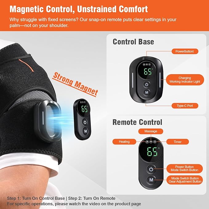 Cordless Shoulder Heating Pad with Detachable Remote, 5 Heat and 5 Vibration Heated Shoulder Wrap, Shoulder Brace Massager for Pain Relief, Warm Gifts for Women Men