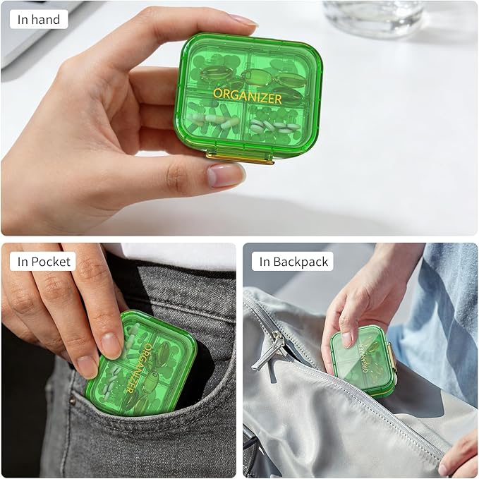 Travel Pill Organizer, Waterproof Weekly Pill Box 7 Day, Portable Container for Purse Pocket, Removable Compartments Daily Supplements Case, Airtight Storage for Outdoor (Green)