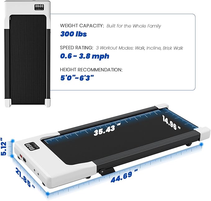 DeerRun Under Desk Walking Pad Treadmill for Home & Office, 6% Manual Incline, 2.5 HP, 0.6–3.8 MPH Walking Speed, 300 lb Capacity, App & Remote Control