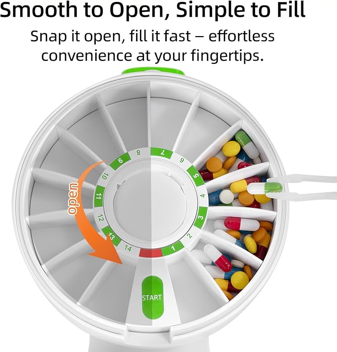 JULOS Daily Pill Organizer with One-Press Button for Elderly, Large 14 Compartment with Cup, Wall Mounted or Countertop Medicine Dispenser, Easy Pill Holder for Medicine, Vitamin or Supplements, Green