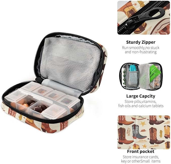 Ollabaky Pill Organizer American Western Cowboy Boots Travel Pill Cases Bag Portable Pill Container 7 Days Pill Box Organizer Vitamin Supplement Holder for Family Business