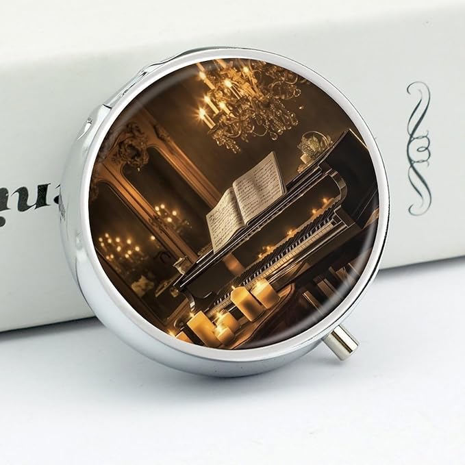 an Old Piano Pill Box 3 Compartment Small Pill Case Portable Pill Box for Pocket Or Purse Round Metal Pill Box Cute Medicine Organizer Holder to Hold Vitamins Medication