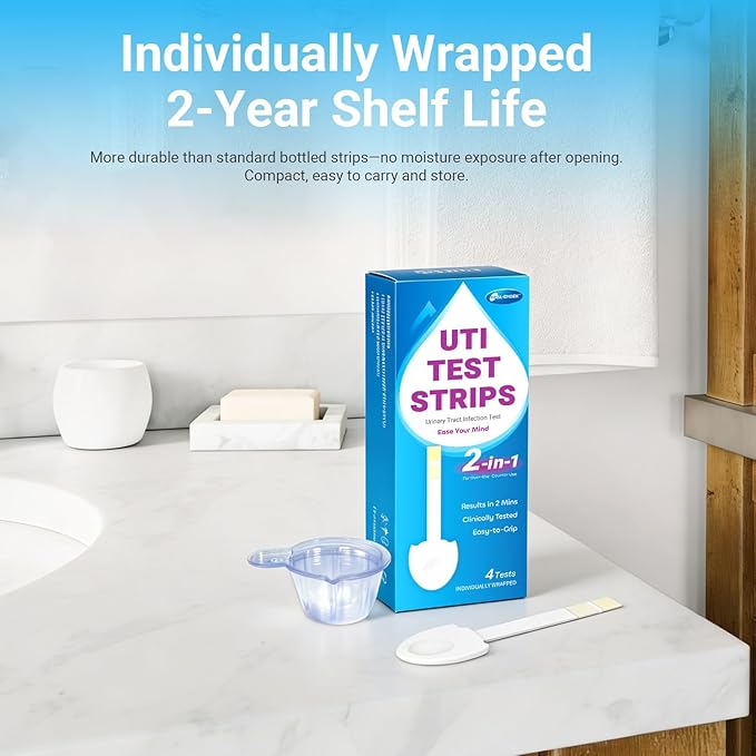 4 Pack UTI Test Strips, Urinary Tract Infection Test Kit for Women Men, Accurate Result in 2 Minutes, Monitor Bladder Health at Home, Clinically Tested, Easy to Grip, Individually Wrapped