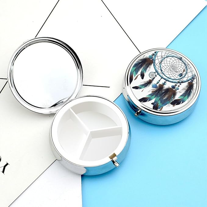 Native American Dream Catcher Pill Box Travel Pill Case for Purse Pocket Weekly Medicine Organizer with Mirror 3 Compartment Round Medicine Case Portable PillcaseHolder for Daily