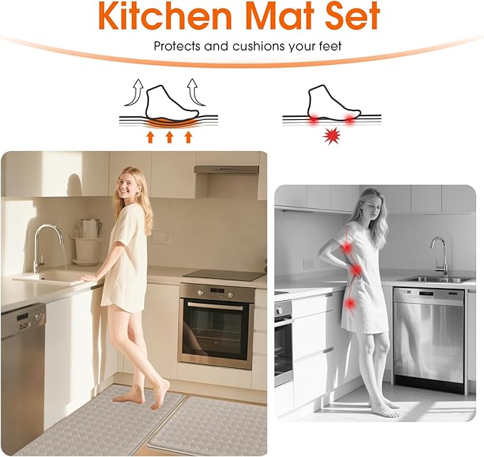 Kitchen Mats, 2PCS Kitchen Rugs, Cushioned Anti Fatigue Kitchen Mats for Floor, Non-Slip Standing Sink Mat, Waterproof Kitchen Rug Set for Kitchen Floor Office,17.3"×30"+17.3"×47" Brown